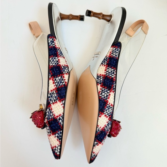 Gucci Navy Red Multicolor Tweed & Plexi Eleanor Strawberry Bamboo Heels EU 39 - Picture 4 of 9